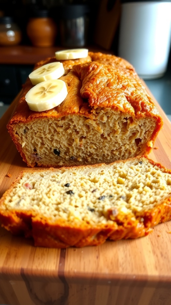 Classic Banana Bread Recipe Freshly baked banana bread loaf sliced on a wooden board with banana slices.
